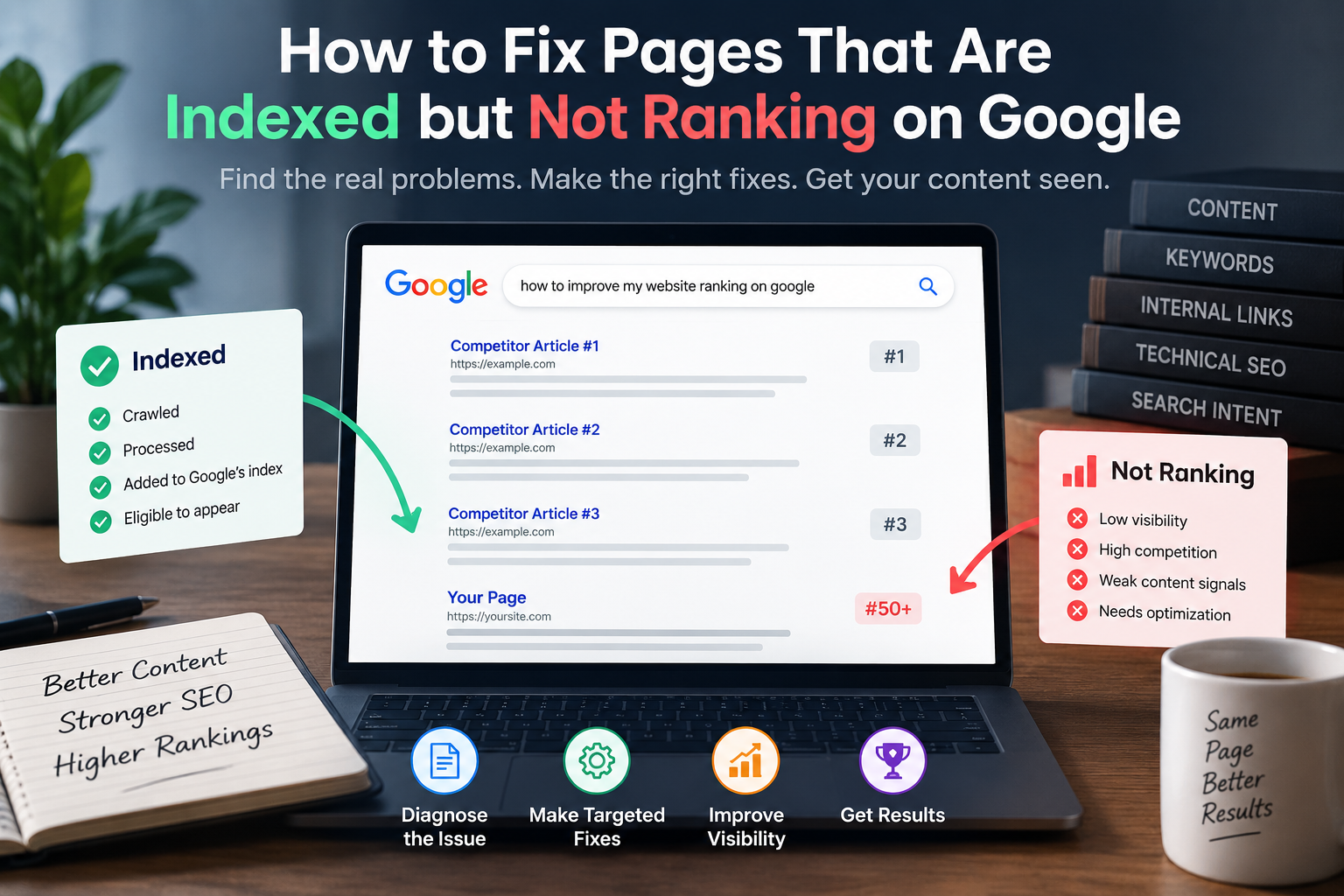 Laptop displaying Google search results with a page stuck at position 50 plus, illustrating indexed pages that fail to rank