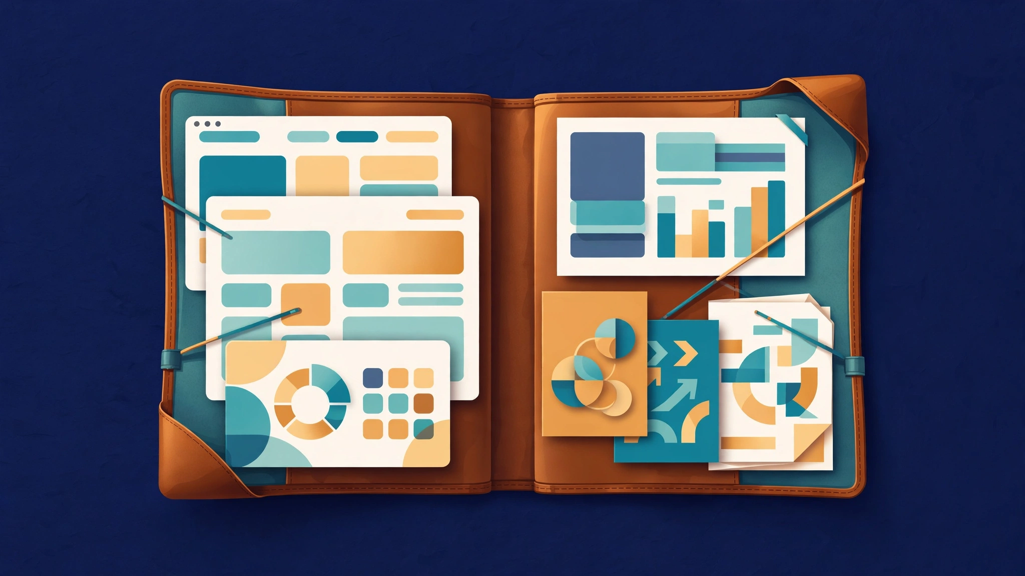 An open portfolio case displaying sample website mockups and project frames